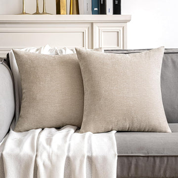 Pack of 2 Beige Decorative Pillow Covers 18x18 Inch Soft Chenille Couch Throw Pillows Farmhouse Cushion Covers