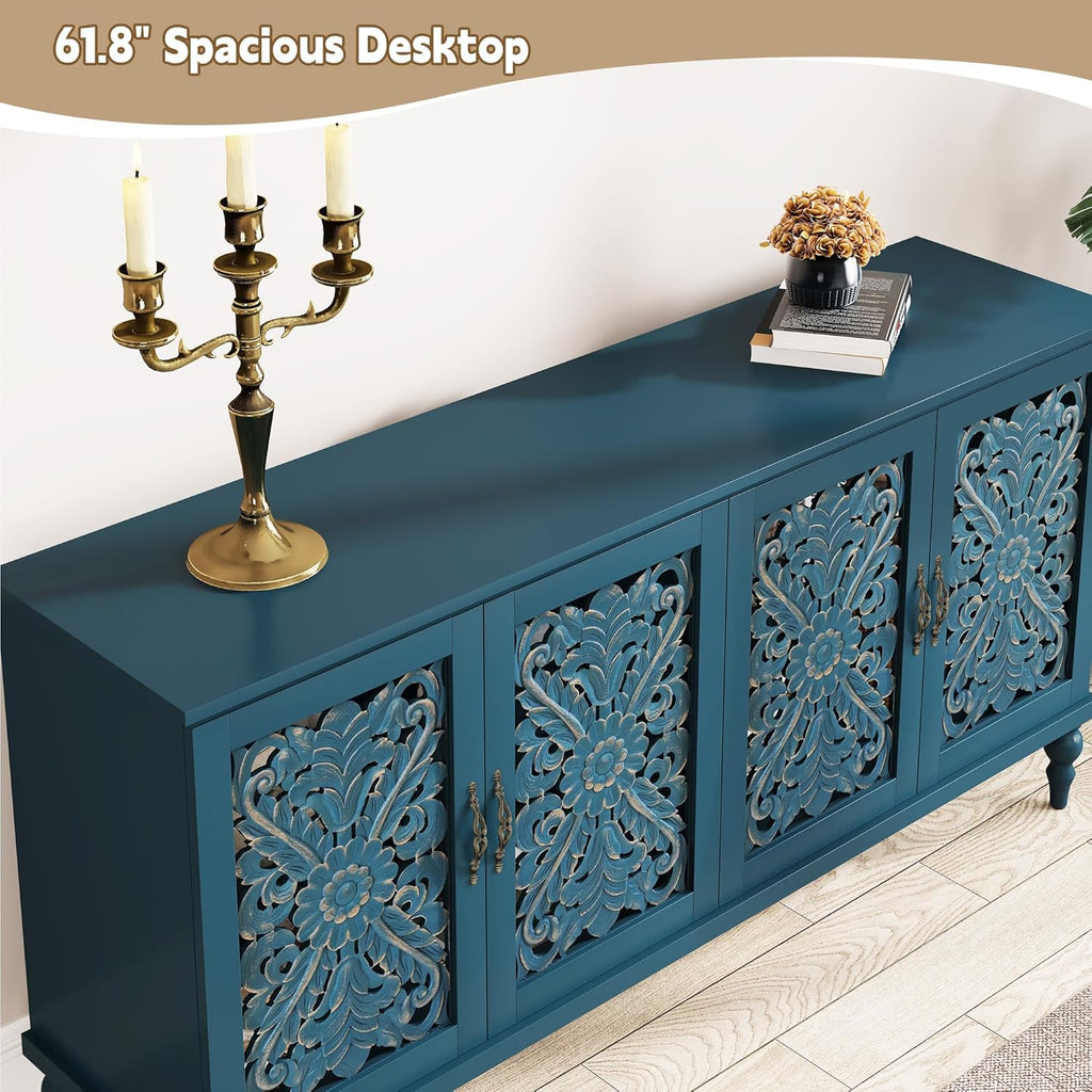 61.8" Hollow Carved Accent Cabinet with 4 Doors | Vintage Sideboard Buffet with Adjustable Shelves, Credenza with