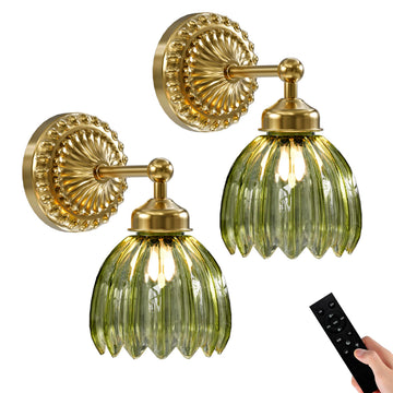 Battery Operated Wall Sconce, Vintage Wall Light, 2 Pack, Green Tulip Glass