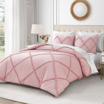 Diamond Comforter Set - Ruffle 3-Piece Machine Washable Reversible Bedding Comforter Set, Light Pink