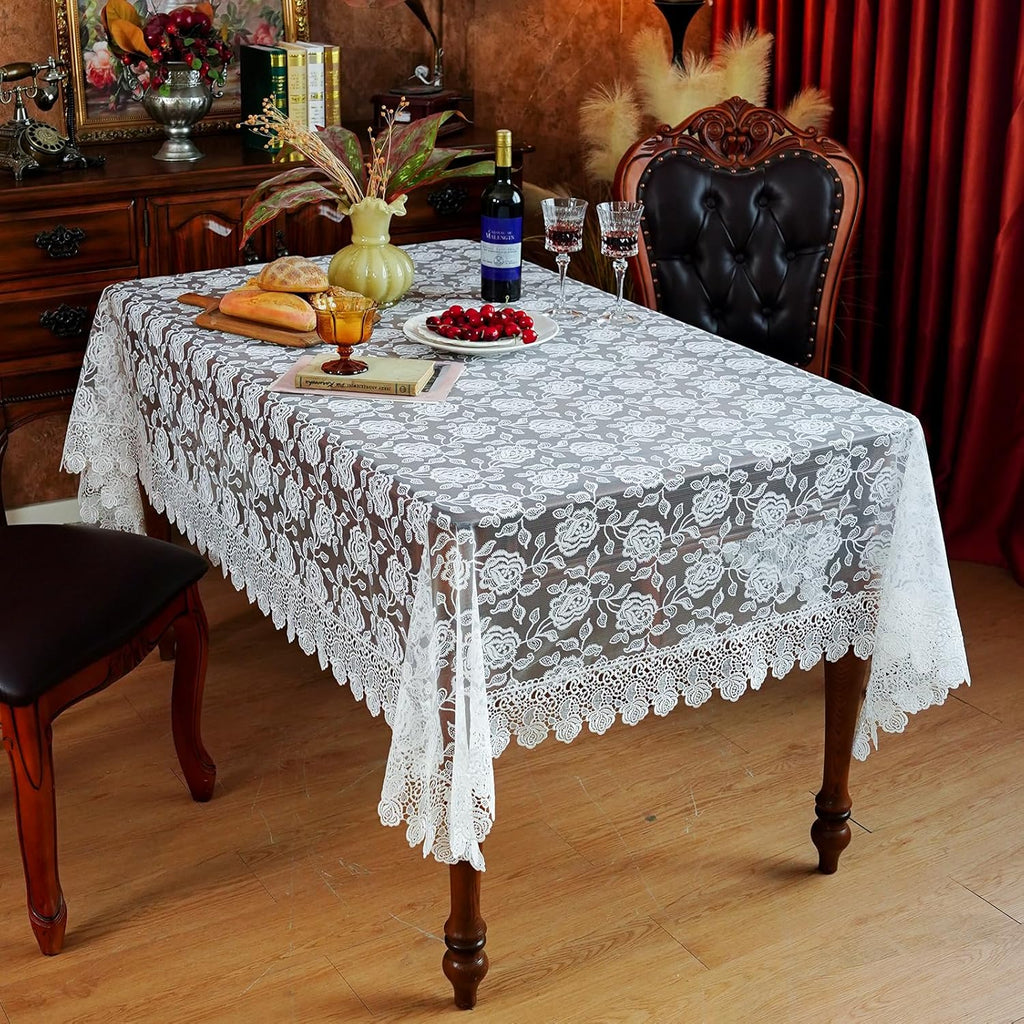 Rectangle Tablecloth White Embroidered Lace Raised Rose Pattern Fabric Farmhouse Rustic Table Cloth 