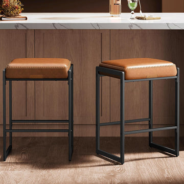 EKHO Collection - Bar Stools Set of 2, Counter Height Bar Stools, Synthetic Leather with Stitching, Mid-Century