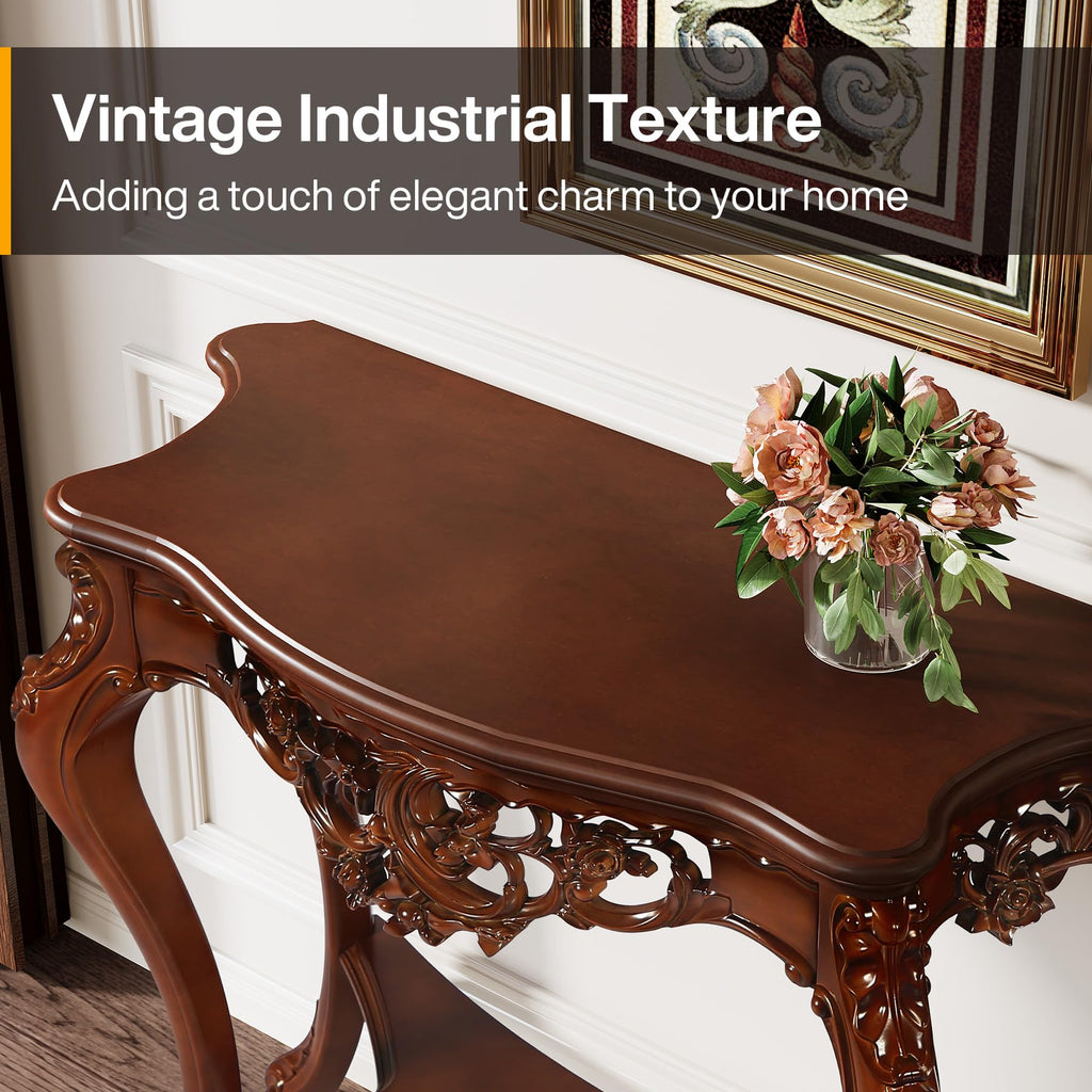 Antique Console Table, 38 Inch Victorian Half Moon Sofa Table with Hollow Floral Apron and Cabriole Legs, Vintage