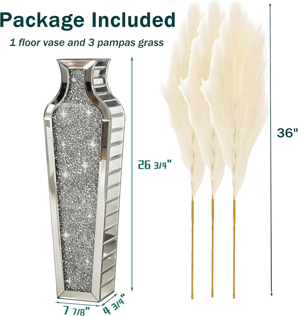 26.8" Silver Tall Crushed Diamond Mirrored Floor Vase with Pampas Grass