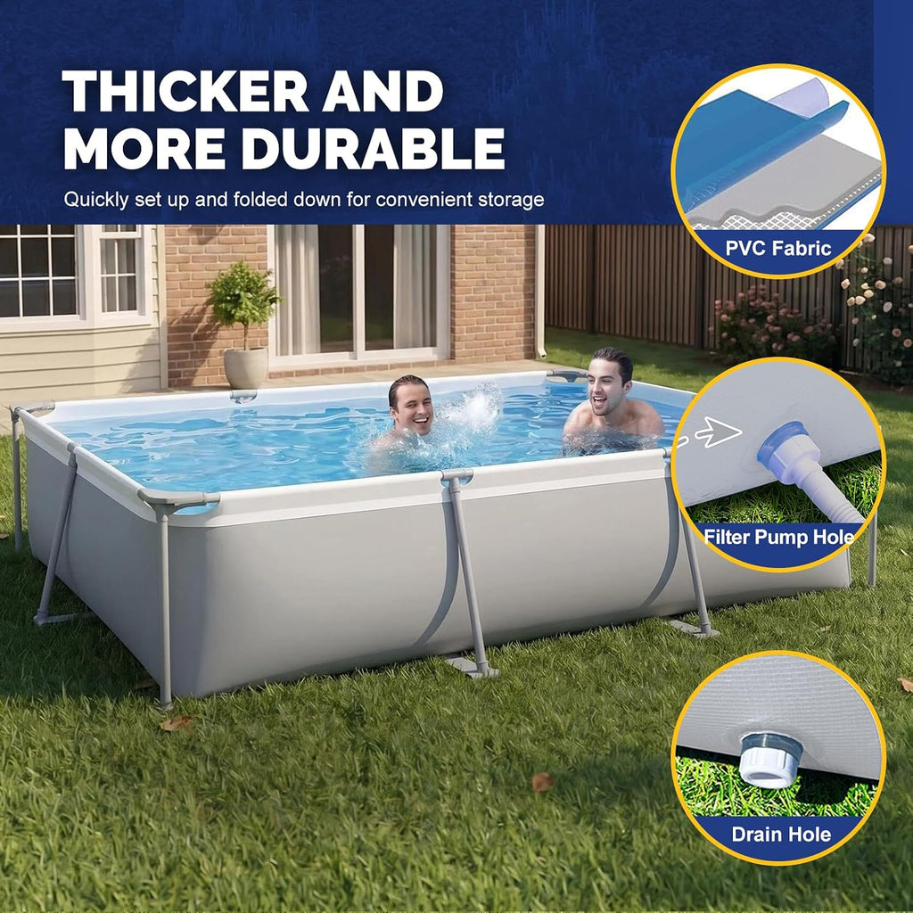 Above Ground Swimming Pool with Filter Pump, Outdoor Rectangular Steel Frame Swimming Pool for Kids Adults,10ft x