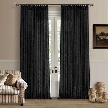 Black Pinch Pleated Linen Semi Sheer 120 Inch Curtains 2 Panels