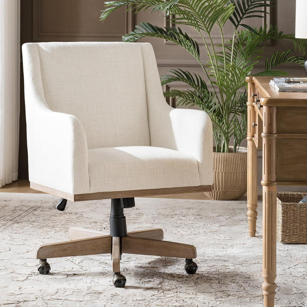 Wood Upholstered Home Office Desk Chair with Curved Armrests, Farmhouse Adjustable Height 360° Swivel Wide Seat