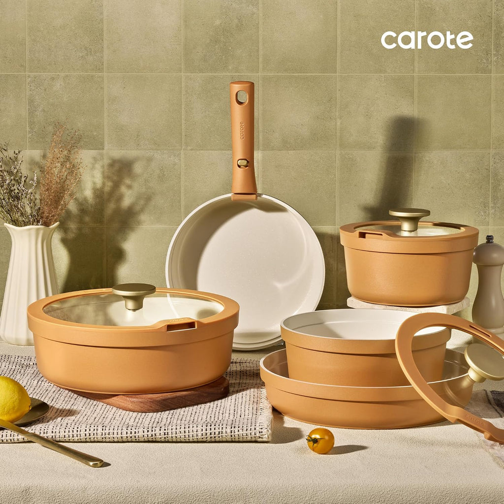 20pcs Ceramic Cookware Set with Detachable Handles, Pots and Pans Set Non Stick, RV Kitchen Cooking Pot and Pan