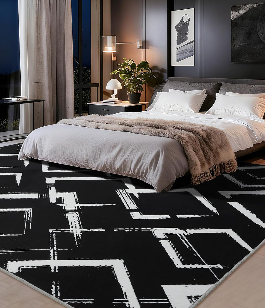 Black Modern Geometric Area Rug 8x10, Black and White Rug with Abstract Diamond Patterns,Non-Shedding Washable Rugs