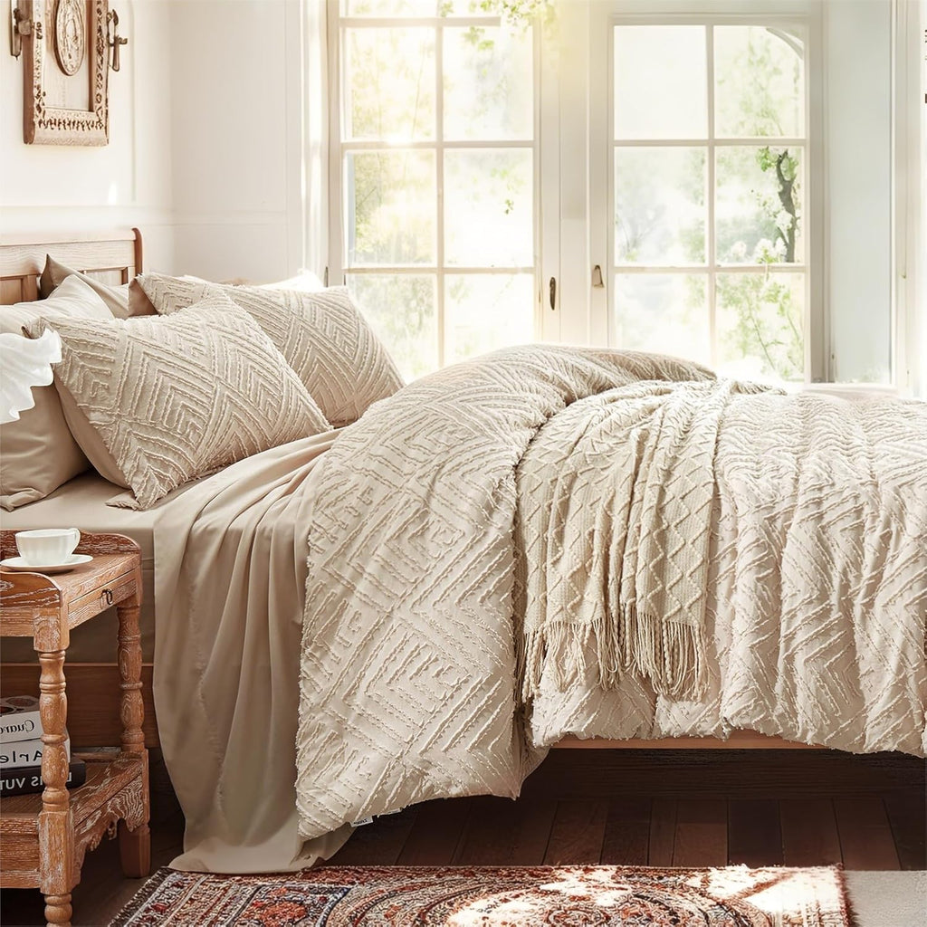 Comforter Set 7 Pieces, Beige Tufted Bed in a Bag with Comforter and Sheets