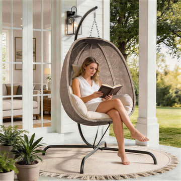 Foldable Egg Chair with Stand, 485LBS Capacity Textilene Hammock Swing Chair for Outdoor & Indoor, Patio Hanging