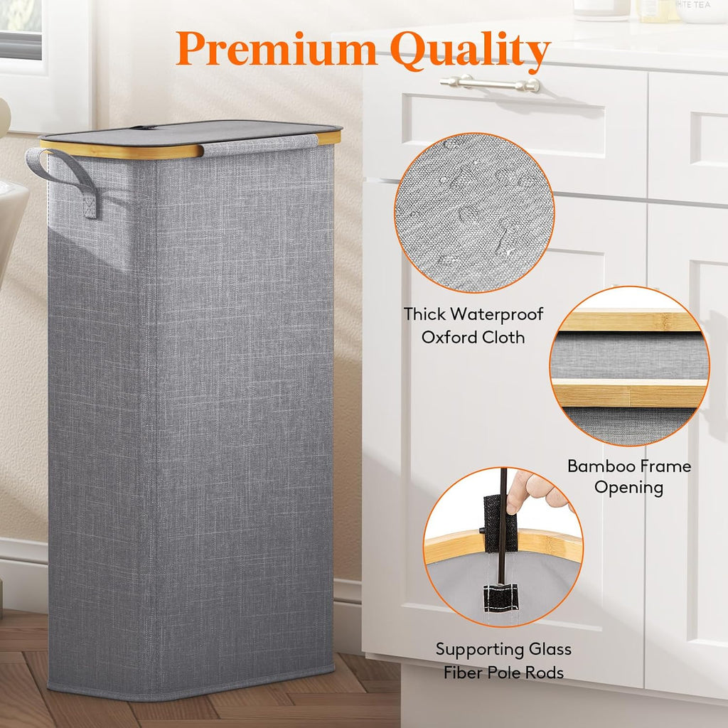 65L Slim Laundry Hamper with Lid, Narrow Laundry Basket with Removable Bag & Bamboo Handles, Fodable Thin Dirty