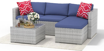 5 Piece Patio Furniture Set, Rattan Sectional Sofa with Glass Storage Table | Rust-Resistant Steel Frame,PE