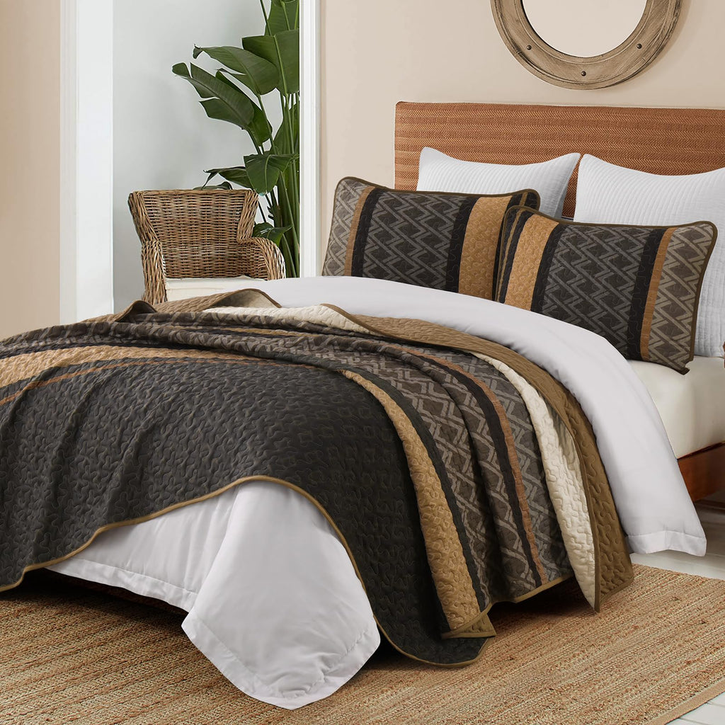 Quilt, Striped Fall Bedding Set, Boho Bedspread, Brown