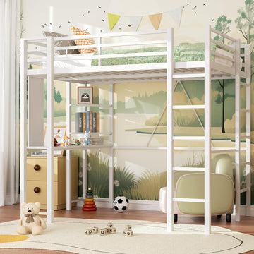 Full Loft Bed with Desk, Metal Frame with 2 Side Ladders, Storage Shelves, Safety Guardrail