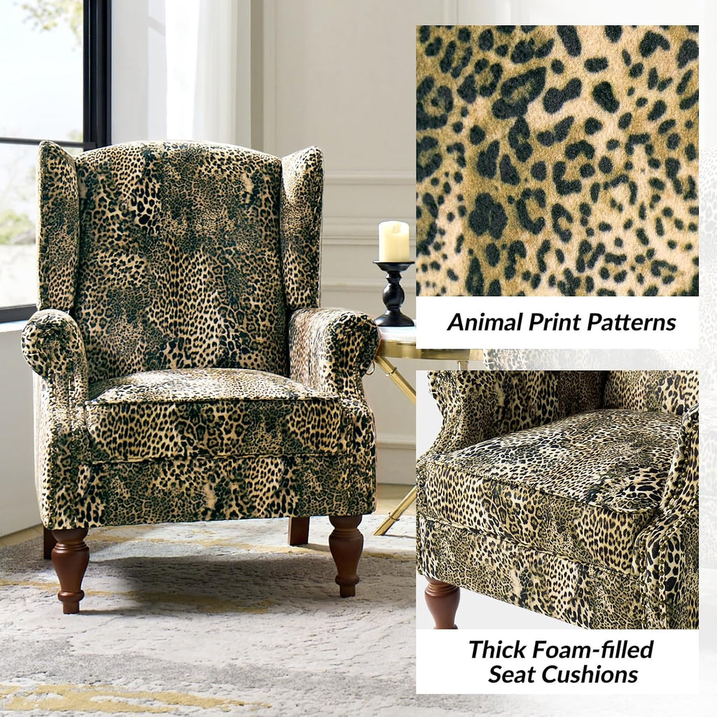 Wingback Accent Chair with Leopard Print Fabric, Retro Armchair with Nailhead Trim and Solid Wood Legs, Comfortable