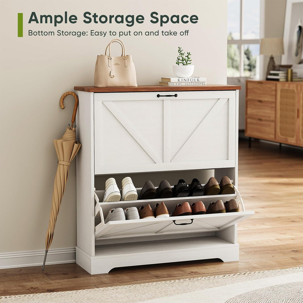 Shoe Cabinet, Shoe Storage Cabinet with 2 Flip Drawers, Narrow Farmhouse Shoe Organizer Cabinet, Slim Shoe Rack