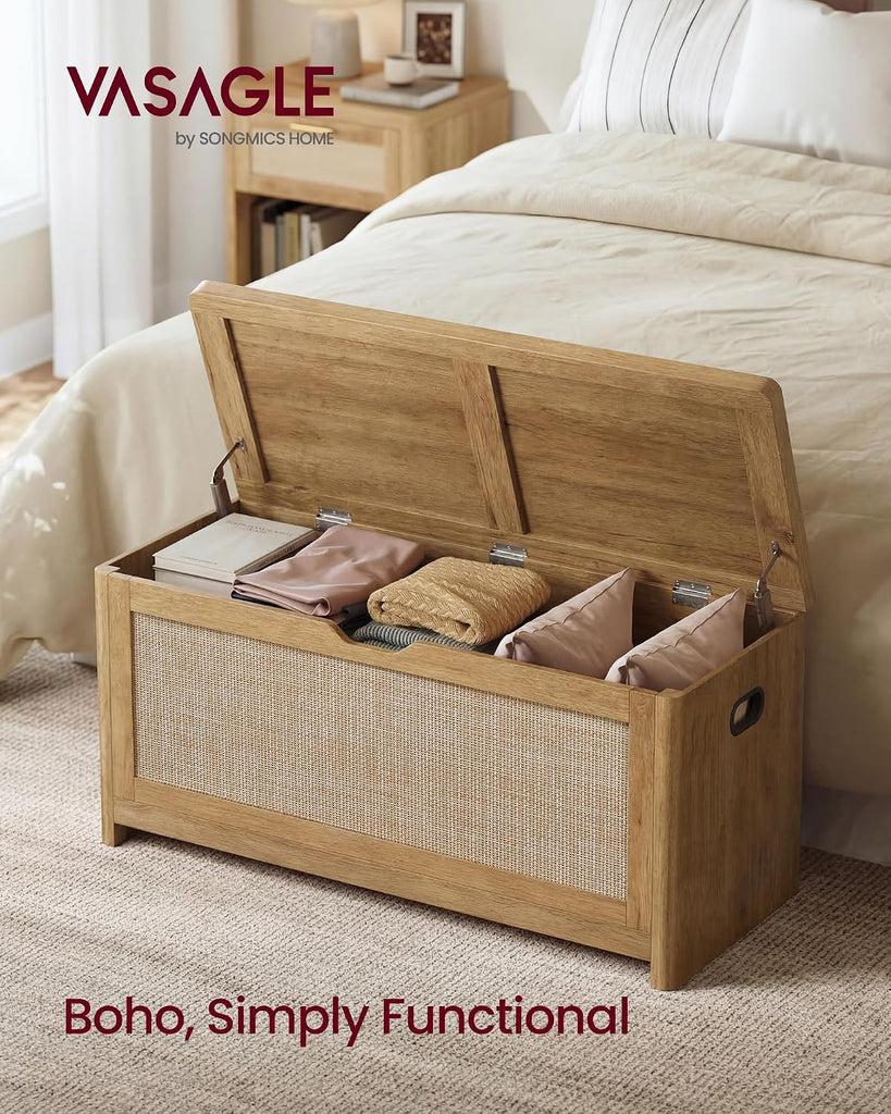 Boho Storage Bench with Rattan Look, Storage Chest with Rounded Corners, Blanket Chest and Trunk with