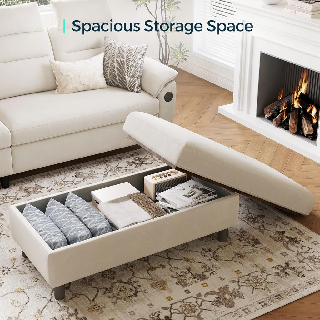 46 Inches Wide Storage Ottoman Bench, Linen Coffee Table Folding Long Shoes Bench Footstool, Storage Chest, Foot Rest