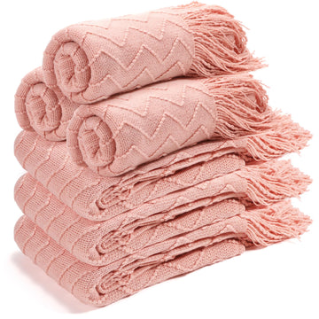 6 Pack Boho Knitted Throw Blankets with Tassels 50''x60'', Pink