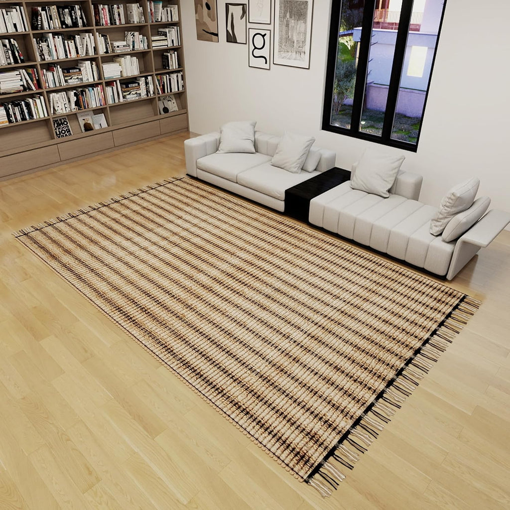 Jute Area Rug 8x10 ft - Soft Handwoven Striped Natural Fiber Rug, Eco-Friendly Braided Indoor Floor Mat, Non-Slip