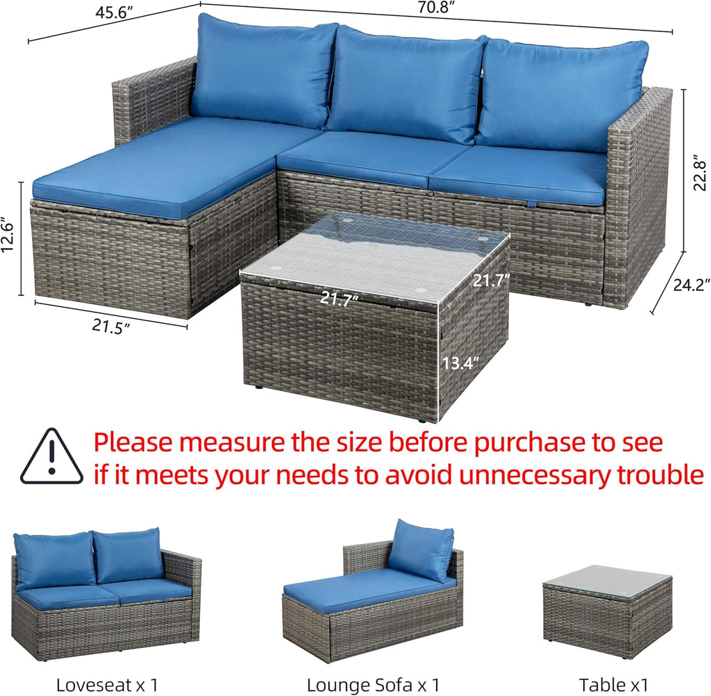 Outdoor Patio Furniture Sets, Small Outdoor Sofa Patio Sectional Sets 3-Piece All Weather Wicker Rattan Seating Sofas