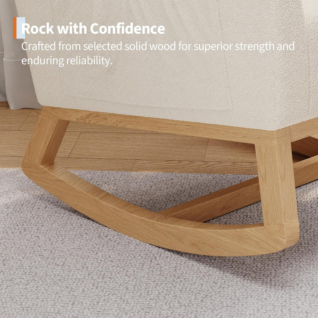 Modern Rocking Chair -Beige | Comfortable Recliner Rocker with Side Pocket, Soft Linen Upholstered Glider Chair