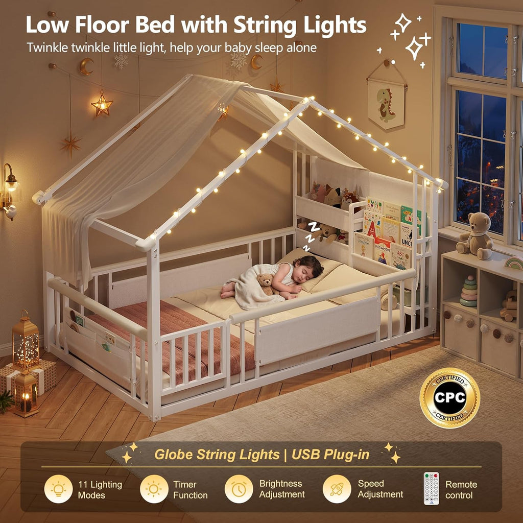 Twin Montessori Floor Bed with Storage Bookshelf and Globe String Lights House Shaped Floor Bed for Kids with Safety