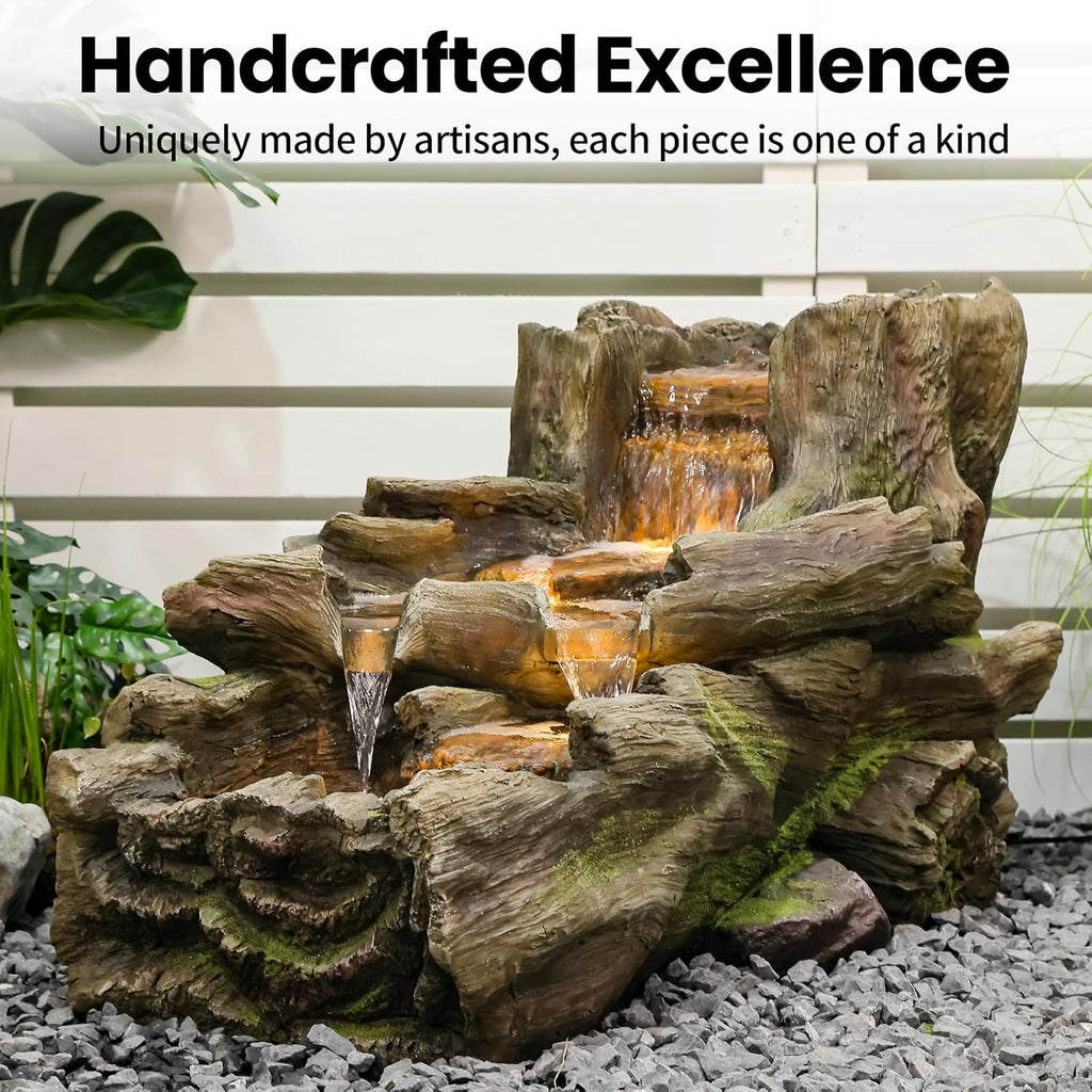 34.5" L Garden Outdoor Water Fountain, Floor Standing Wood Imitation Resin Natural Waterfall Fountains with LED Lights