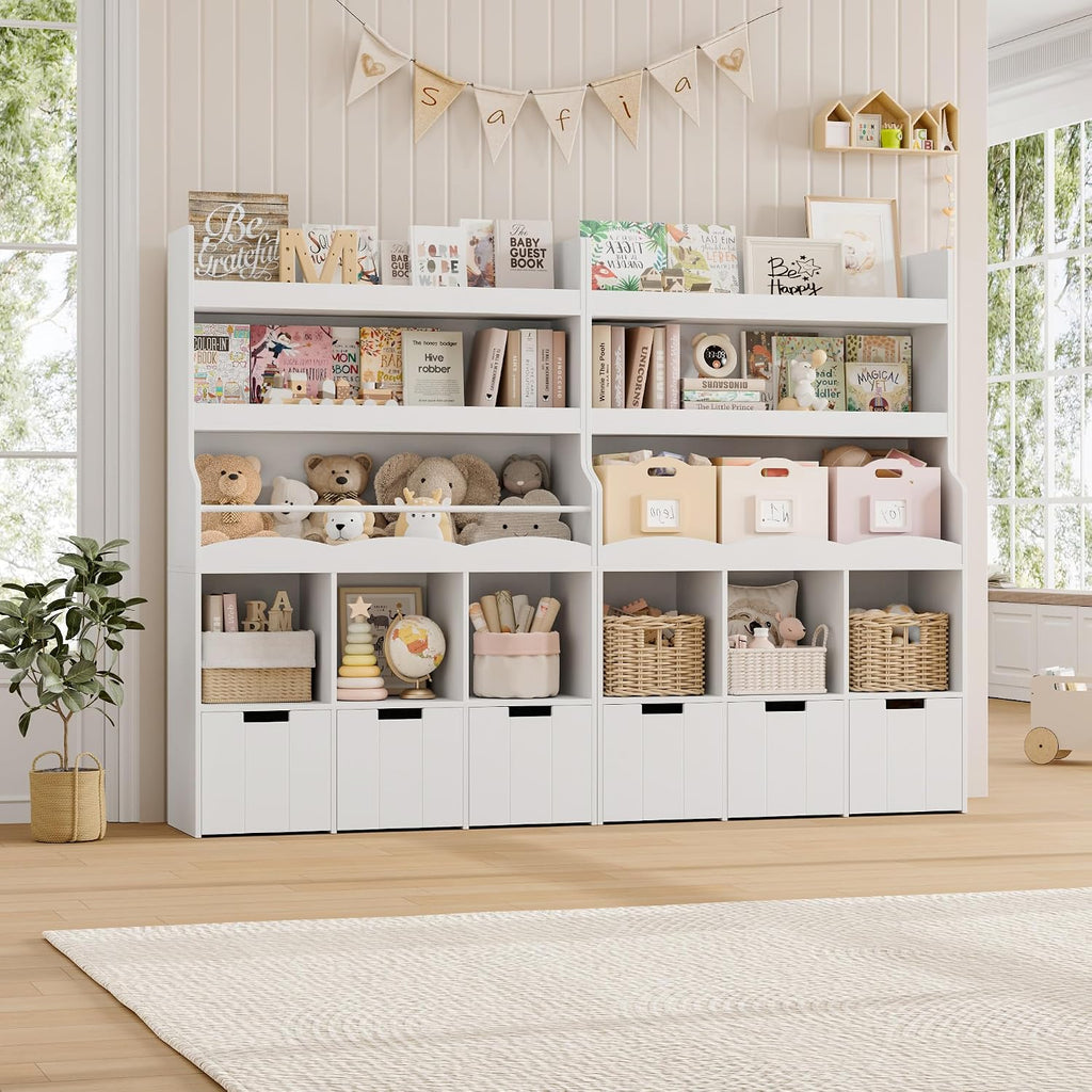 Toy Storage Organizer w/Bookshelf & Stuffed Animal Organizer, White | Large Toy Organizer with 3 Movable Storage