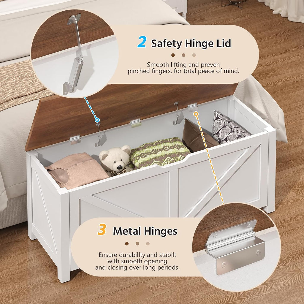 47.2" Storage Chest, Farmhouse Large Storage Bench with 2 Safety Hinges, Wooden Storage Trunk with Flip-Top, Toy