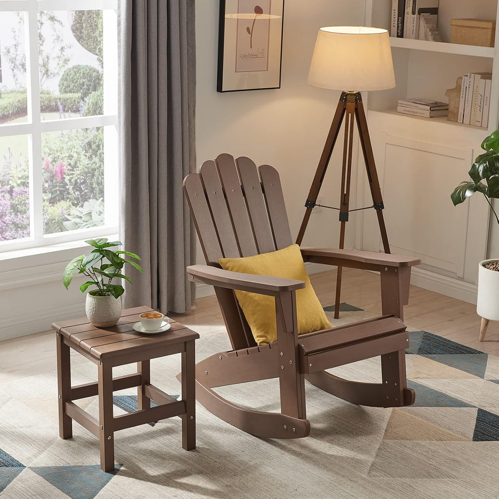 Adirondack Patio Rocking Chair, Brown | Eco-Friendly Wood-Style Outdoor Patio Rocker - Heavy Duty 350 lbs Capacity