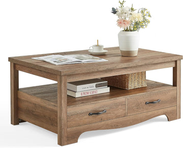 Farmhouse Coffee Table with Storage, Wood Coffee Table, Open Display Area and Storage Drawers with Metal Handles