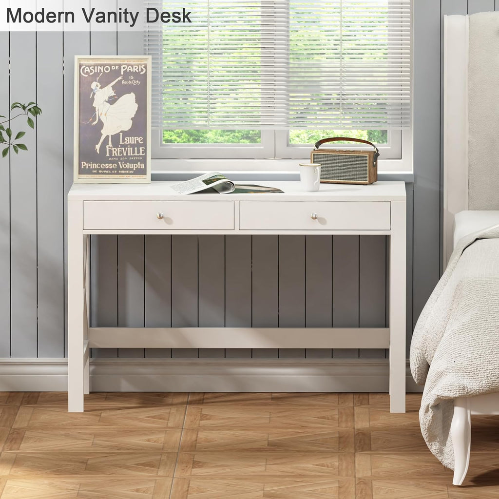 Computer Desk Study, Modern Simple 40 Inches Desk with Drawers, Makeup Vanity Console Table, White