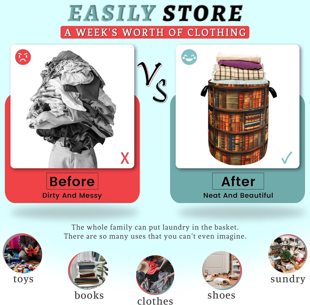 Wooden Bookshelf Laundry Basket Oxford Cloth Foldable Hamper 18.9x16.5inch | Funny Laundry Basket With Handles