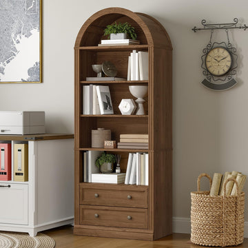 Farmhouse Arched Bookshelf, 7 Tiers Arch Bookcase with 2 Drawers