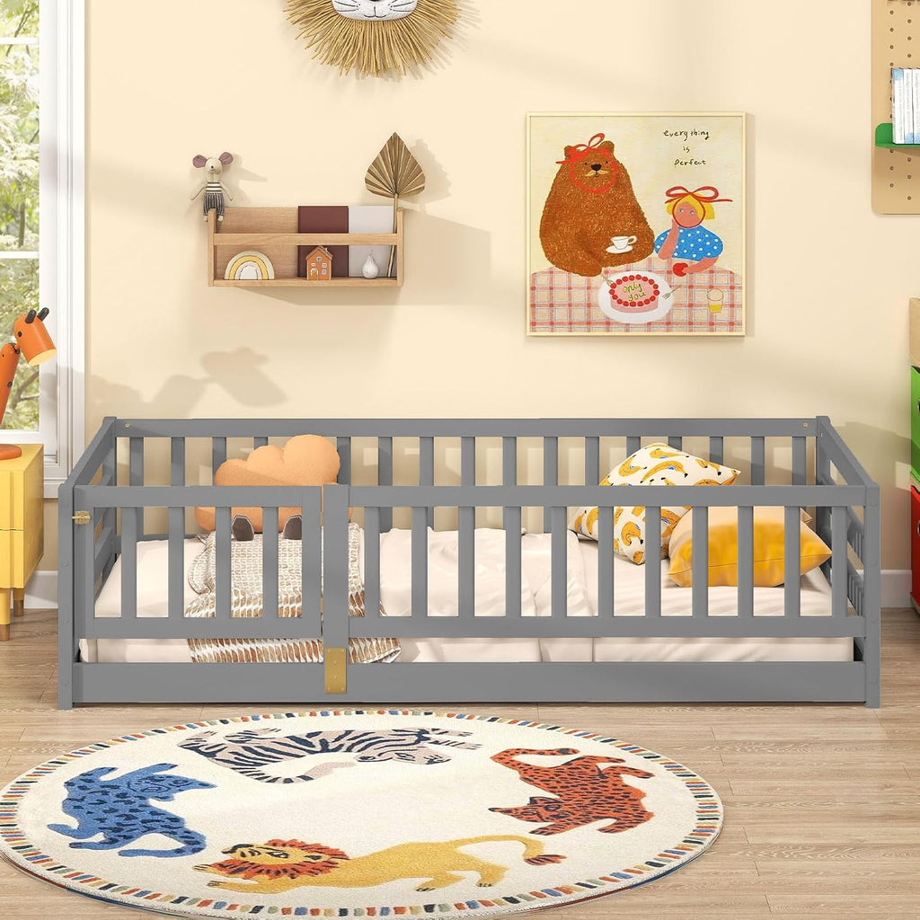Twin Floor Bed with High Fence & Door, Montessori Floor Bed with 21.5" Safety Guardrails, Solid Wood Twin Beds Frame