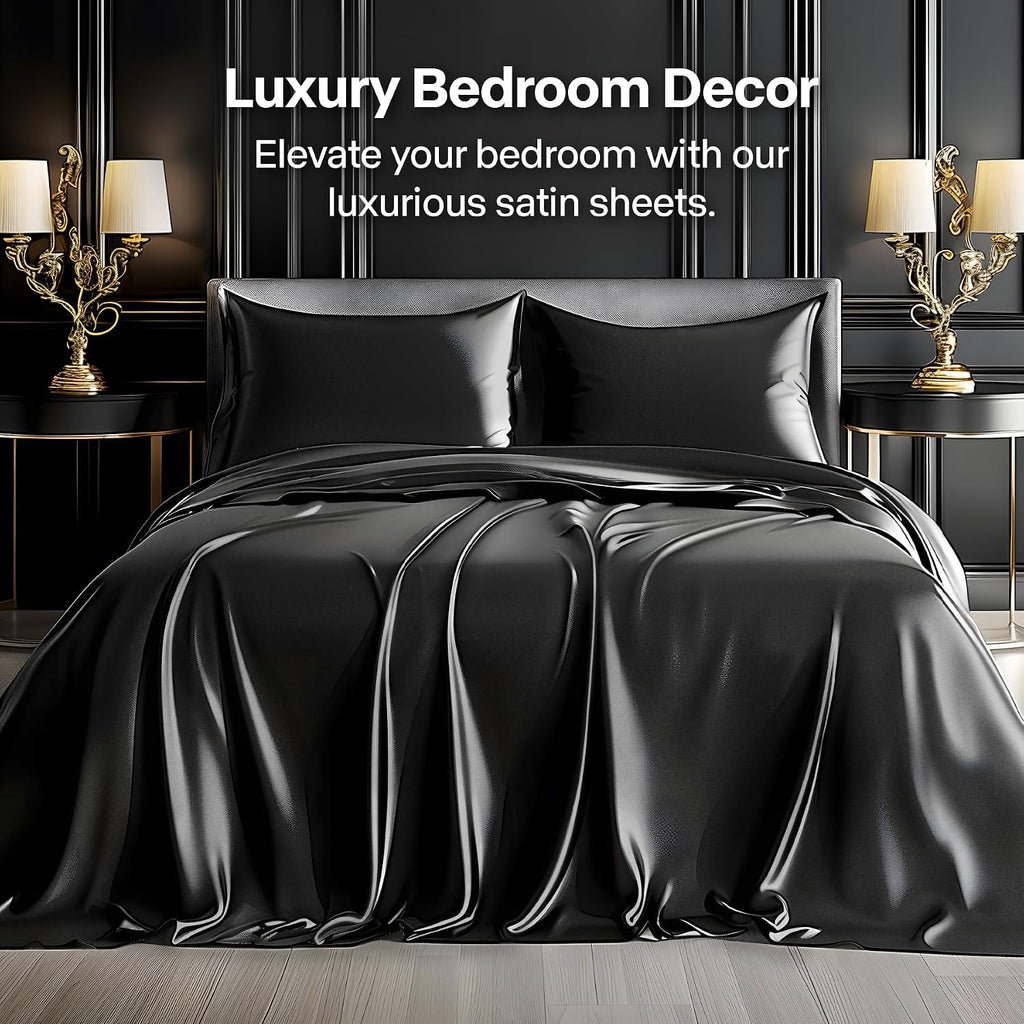 Satin Sheets Bed Set, Luxury Soft Black Silky Sheets for Hair and Skin, Similar to Silk Bed Sheets Set 4 Pieces