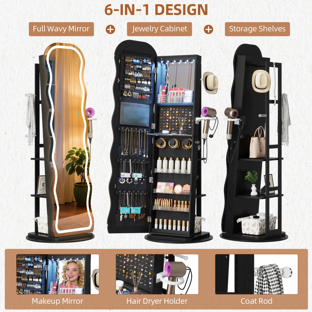 LED Mirror Jewelry Cabinet Standing, 360° Swivel, Black