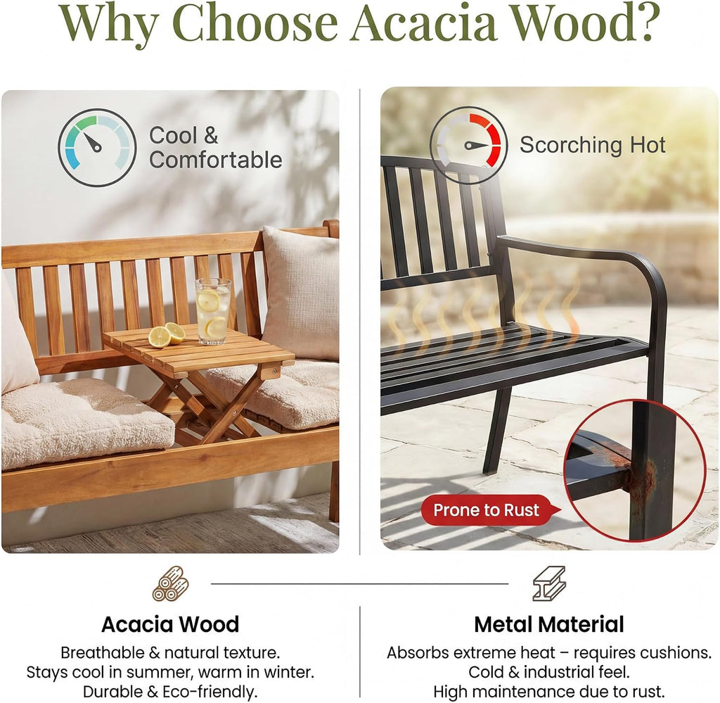 Acacia Wood Outdoor Bench, 2-Person Garden Bench with Pull-Out Table | Sturdy Patio Bench Porch Bench, Wooden Bench