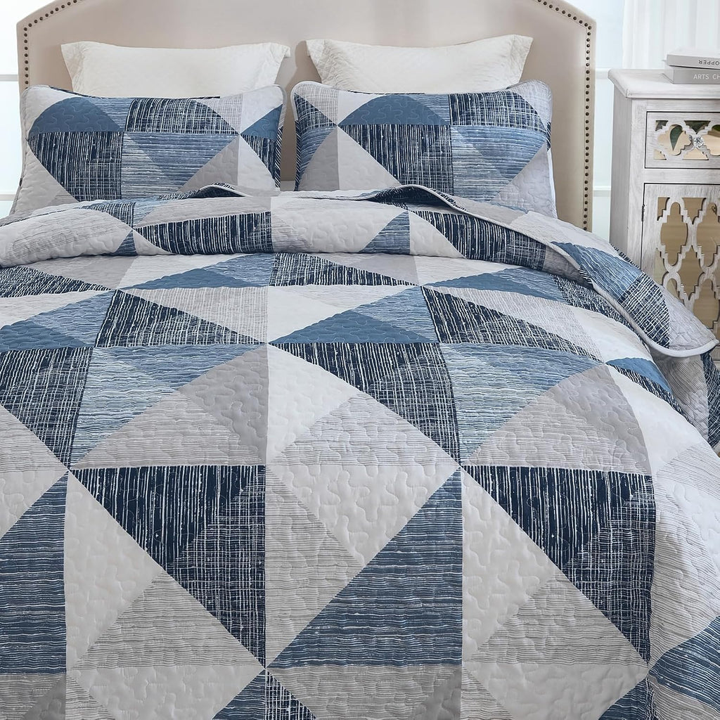 Quilt Queen Blue, 3 Pieces Patchwork Bedspread Bedding for Queen Bed, Soft Lightweight Microfiber Geometric Coverlet