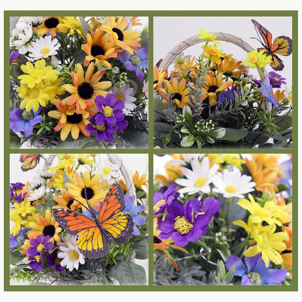 Artificial Flowers in Basket Vase with Lights, Faux Floral Arrangement for Table,Home Kitchen Centerpieces Party Decor