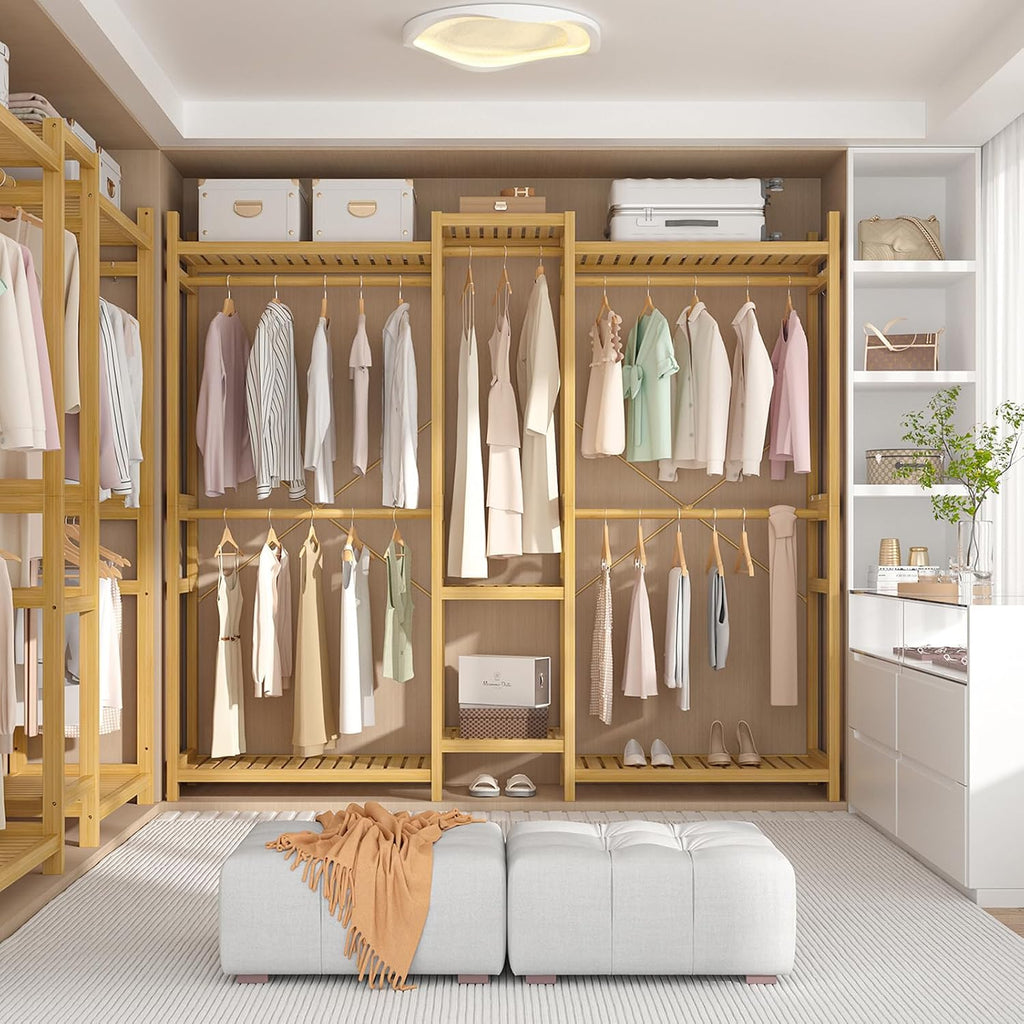 Bamboo Closet System Clothes Rack, Large Freestanding Garment Rack Clothing Rack for Hanging Clothes with 7 Storage