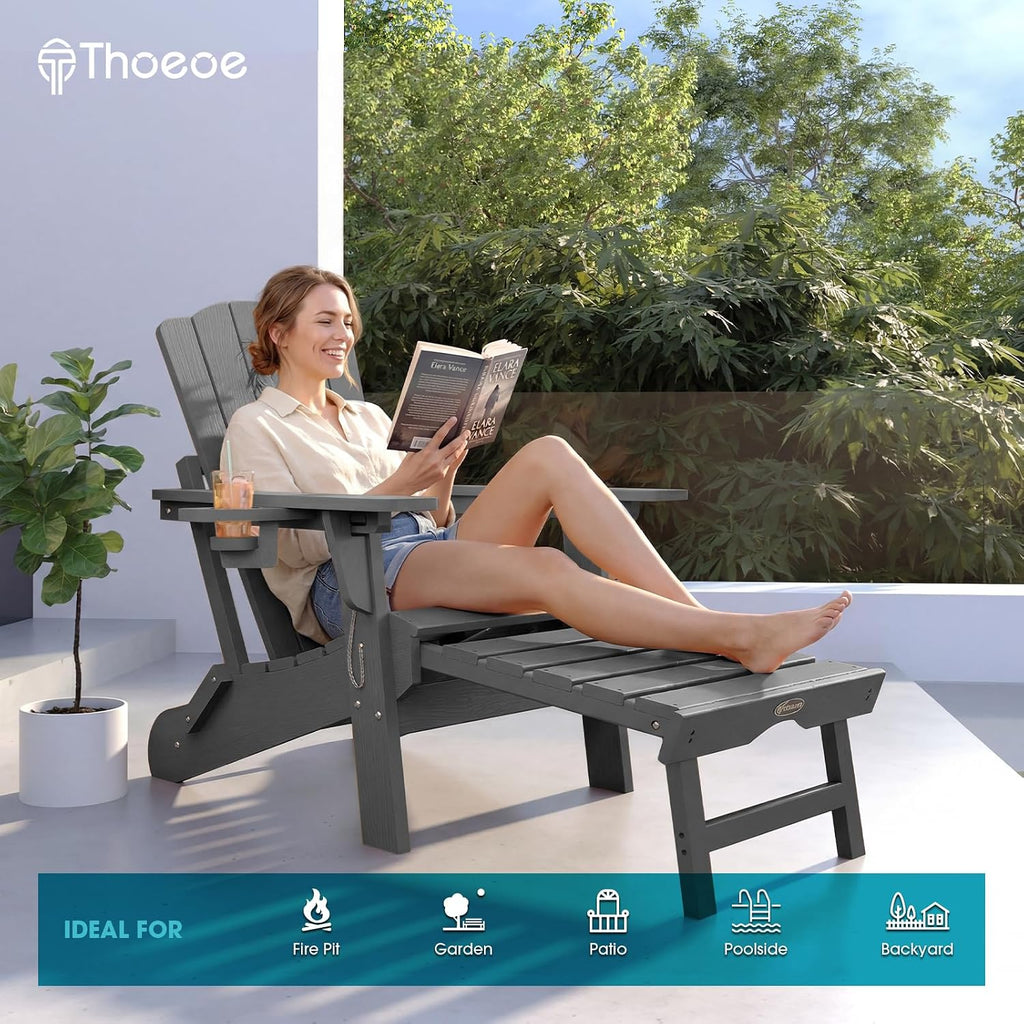 Folding Adirondack Chairs, Outdoor Patio Fire Pit Chairs | Adjustable HDPE Chairs with Footrest, Retractable Ottoman