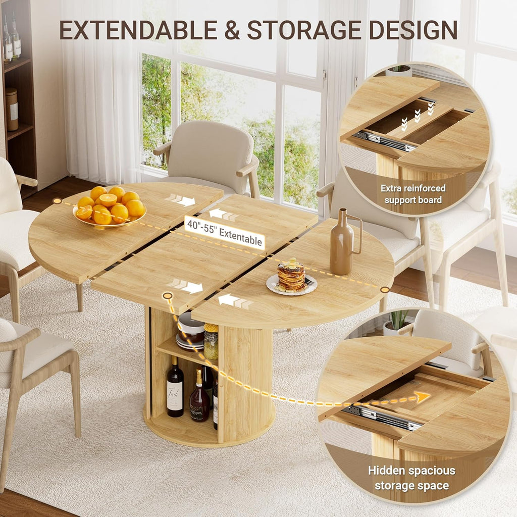 40-55in Extendable Round Dining Table for 4 - 6, Modern Oval Dining Table, Multi-Use Kitchen Table with Removable