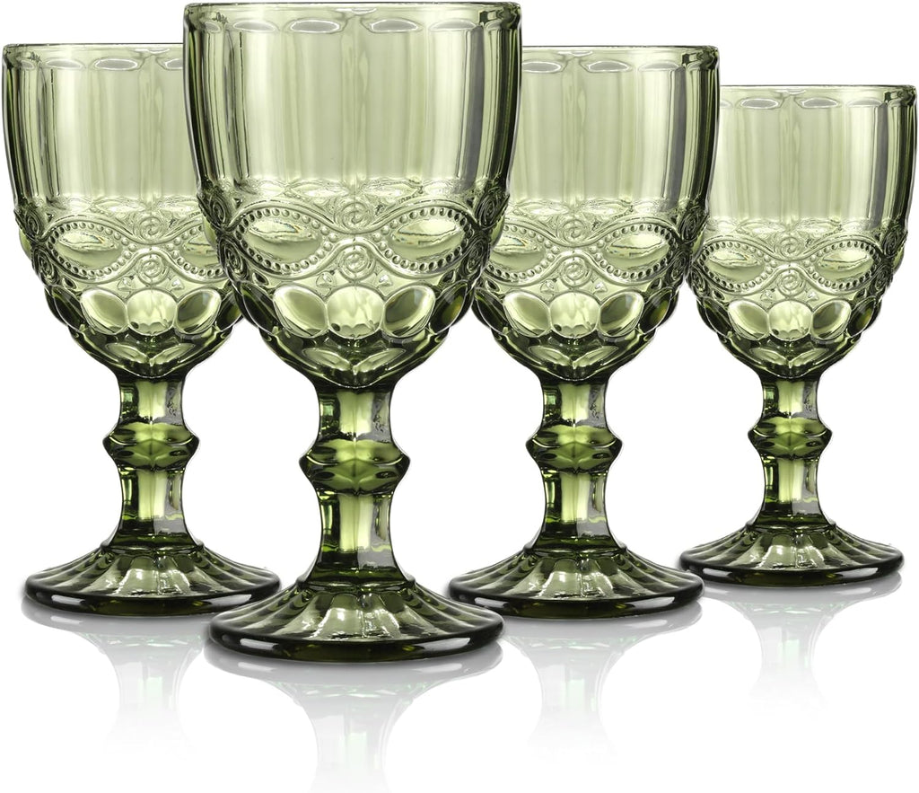 Green Vintage Wine Glasses,Clear Water Goblet Glasses with Embossed Serpentine Pattern,Stemmed Colored Glassware Set