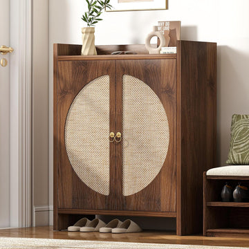 Shoe Cabinet Storage - Rattan Entry Way Shoe Storage Cabinet with Adjustable Shelves, Wood Shoe Organizer Cabinet