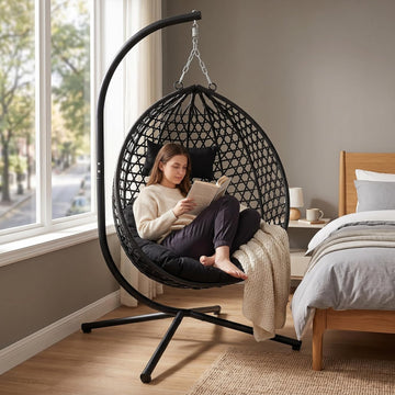 Foldable HDPE Rattan Hanging Egg Chair with Stand Aluminum Steel Frame Indoor Outdoor Swing Basket Hammock Seat