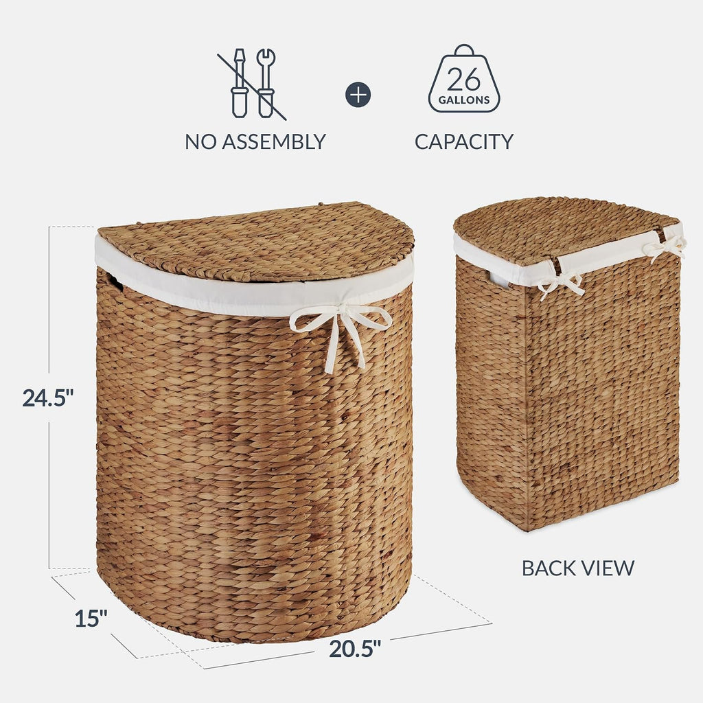 Half Moon Laundry Hamper w/Lid, Woven Half Round Laundry Basket, w/Removable Liner & Bult-in Handles & Laundry Room