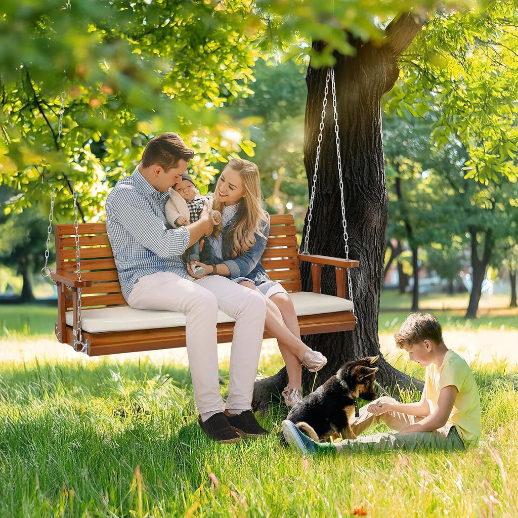 5 FT Heavy Duty Porch Swing with Cushion, 880 LBS Wooden, Brown | Extra Cushion Included; Heavy-Duty Wood Frame;